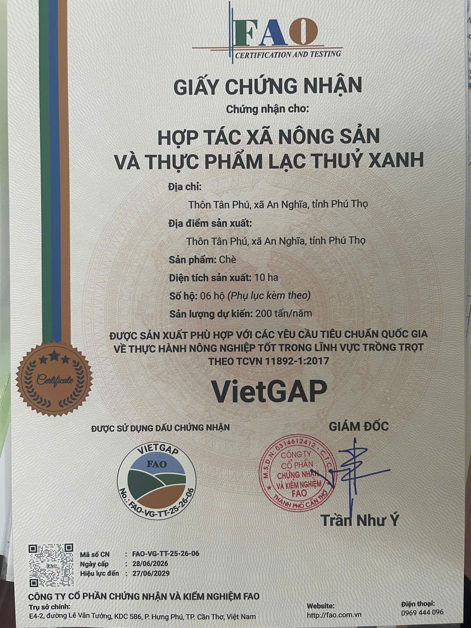 Giấy chứng nhận VietGAP của Trà Phú Thành